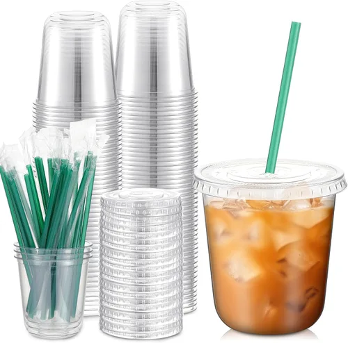 Vista 9 de Baderke Juego de 25 vasos de plástico con tapas y pajitas, tazas de plástico desechables para café helado, jugo, batido, cristal para cafeterías