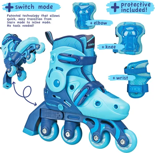 Vista 5 de Patines Roller Derby Switch para Principiantes, Patines Ajustables 2 en 1 Convertibles de Modo de Aprendizaje a Patines en Línea para Pequeños, Niños