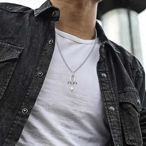 Vista 4 de Ankh - Collar con colgante para mujeres y hombres, plata de ley 925, collar de cruz egipcia de escarabajo Ankh, collar de cruz de panga, amuleto
