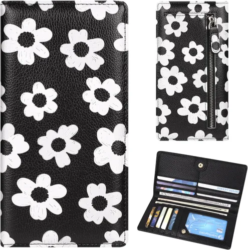 Vista 13 de Billetera para mujer, billetera RFID extradelgada, bolso plegable de cuero, con 11 ranuras para tarjetas y ventana de identificación, lindo monedero