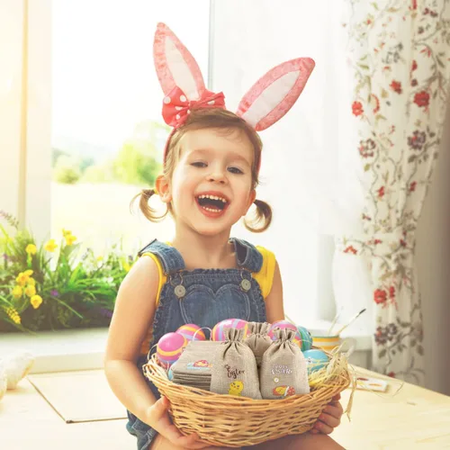 Vista 6 de LOKIPA 24 bolsas de arpillera de Pascua, bolsas de arpillera de yute de Pascua, bolsas pequeñas con cordones para recuerdos de fiesta de Pascua