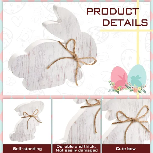 Vista 3 de 6 letreros de madera para mesa de conejo de Pascua, decoración de casa de campo con forma de conejito de primavera blanco, centros de mesa de Pascua
