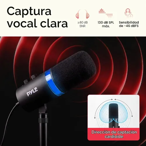 Vista 6 de Pyle Micrófono dinámico USB/XLR para podcasting, transmisión y juegos, micrófono de grabación cardioide con iluminación RGB, botón de silencio