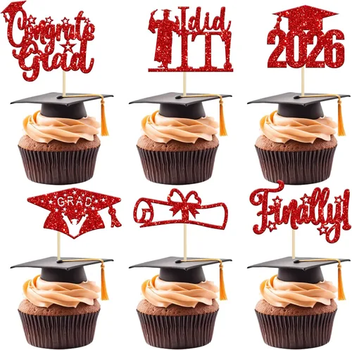 Vista 12 de Paquete de 24 adornos para cupcakes de clase 2026 con purpurina 2026 Felicidades Graduación Diploma Done Cupcake Picks 2026 Graduación Temática