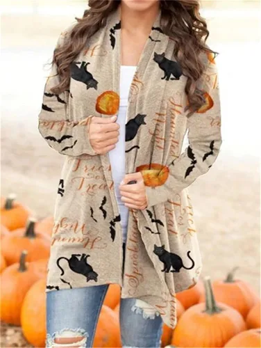Vista 2 de Cárdigan de calabaza de Halloween para mujer, estampado S-5XL, cárdigan de punto casual liso, suéter de frente abierto, acogedor y elegante