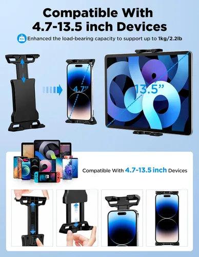 Vista 4 de Soporte para tablet para soporte de micrófono con clip de banco de energía, soporte ajustable para iPad/iPhone para soporte de música, compatible