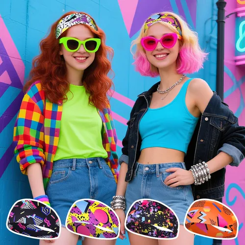 Vista 6 de Paquete de 8 diademas de neón con estampado de los años 80 y 90, accesorios retro de los años 80, trajes de los años 90 para mujeres, banda