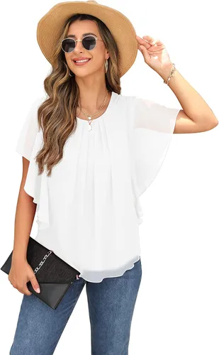 Vista 5 de QIXING Blusas de gasa con cuello redondo y cuello redondo de verano para mujer