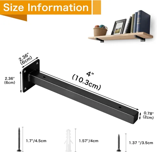Vista 2 de 6 piezas soportes de estante negros de 4 pulgadas resistentes para estantes de pared de metal, soportes de estantería flotantes industriales