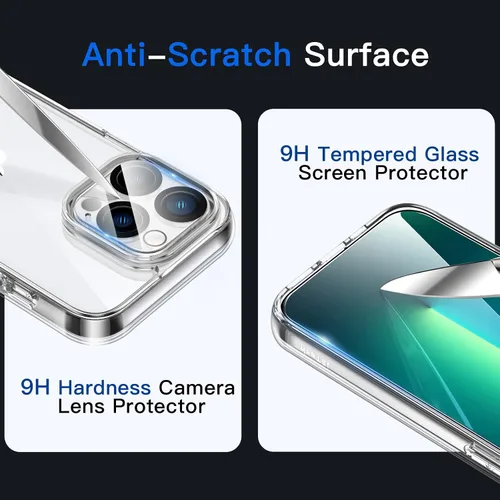 Vista 6 de JETech Funda 5 en 1 para iPhone 13 Pro Max, antiamarilleo, transparente 2 protectores de pantalla de vidrio templado, 2 protectores de lente