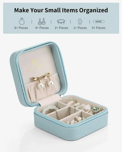 Vista 2 de Vlando Pequeña caja de joyería pequeña, caja de almacenamiento de joyas de viaje de piel sintética, aretes, anillos, collares, el mejor regalo