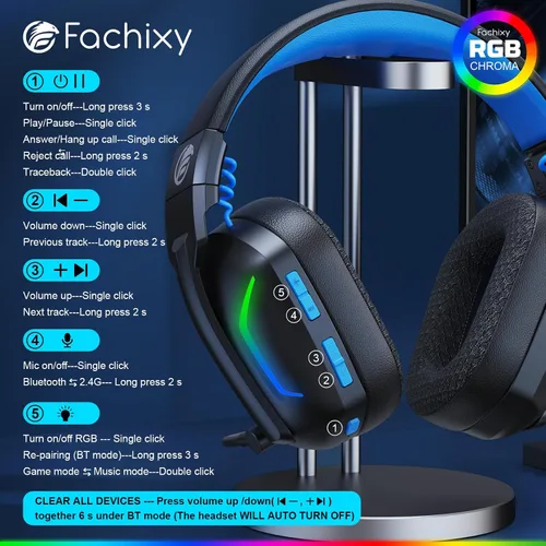 Vista 9 de Fachixy - Auriculares inalámbricos para juegos con micrófono para PC, PS5, PS4, auriculares Bluetooth para juegos - Carga rápida, batería de 50