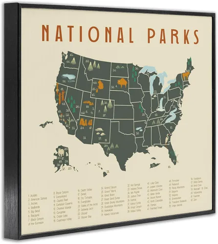 Vista 2 de Stupell Industries Mapa de aventuras de parques nacionales de Estados Unidos verde y naranja, diseñado por Daphne Polselli - Arte de pared enmarcado