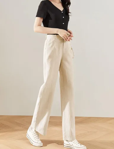 Vista 4 de Hooever - Pantalones casuales de cintura alta y pierna ancha, rectos con botones para mujer
