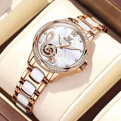 Vista 5 de OLEVS Relojes para mujer, de cuerda automática, oro rosa, diamante, reloj de pulsera mecánico automático, acero inoxidable, dos tonos, pulsera