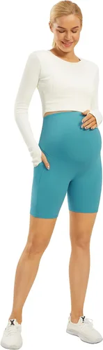 Vista 5 de JOYSPELS Pantalones cortos de maternidad sobre el vientre para entrenamiento atlético con bolsillos