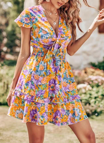 Vista 9 de PRETTYGARDEN Minivestido de manga corta con cuello en V y lazo frontal rojo para mujer