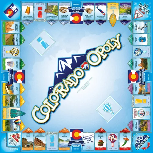 Vista 3 de Late for The Sky Colorado-Opoly Juego de mesa – Colorado Travel Family Game Night, estrategia comercial de propiedades, hecho en Estados Unidos, 2-6