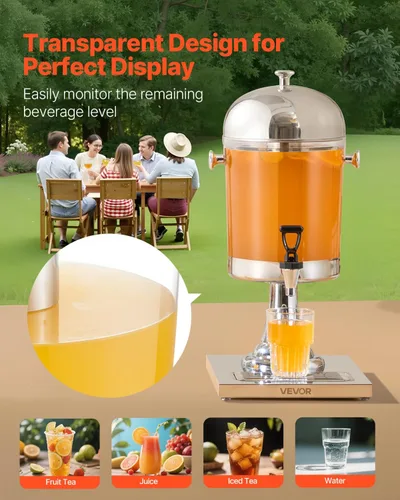 Vista 4 de VEVOR Dispensador de bebidas, dispensador de bebidas de 2.1 galones para fiestas, dispensadores de jugo de acero inoxidable + plástico con bandeja