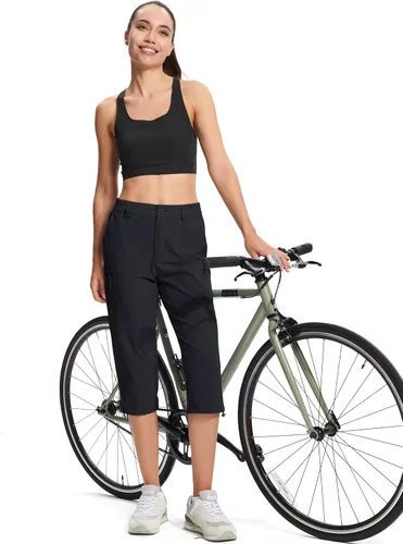 Vista 7 de MAGCOMSEN - Pantalones de senderismo para mujer, tipo capri y cargo, ligeros, elásticos, resistentes al agua, con 5 bolsillos para exterior