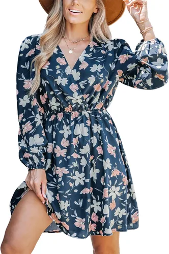 Vista 8 de CUPSHE Mini vestido floral con volantes, manga campesina, vestido de otoño, casual, vacaciones Negro