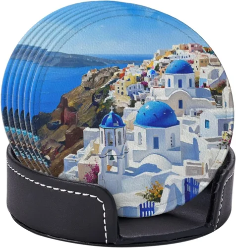 Vista 3 de Famame 6 posavasos de cuero para bebidas con soporte para pintura al óleo, hermosos juegos de posavasos Santorini para mesa de bebidas, posavasos