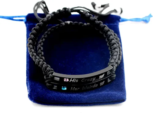 Vista 6 de Uloveido 1 par de pulseras trenzadas hechas a mano con grabado para parejas, parejas para él y ella, pulseras para hombres, mujeres, novio y novia