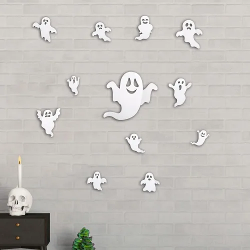 Vista 4 de Decoración de pared de fantasmas de Halloween, 12 calcomanías de fantasmas 3D para decoración del hogar de Halloween, calcomanías de fantasma blanco
