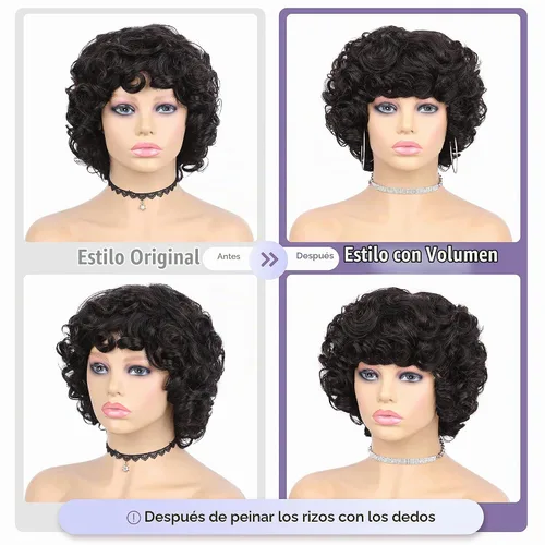 Vista 4 de Pelucas de cabello humano corto rizado Bob peluca para mujeres negras, sin encaje, peluca rizada grande con flequillo, corte pixie, pelucas Negro