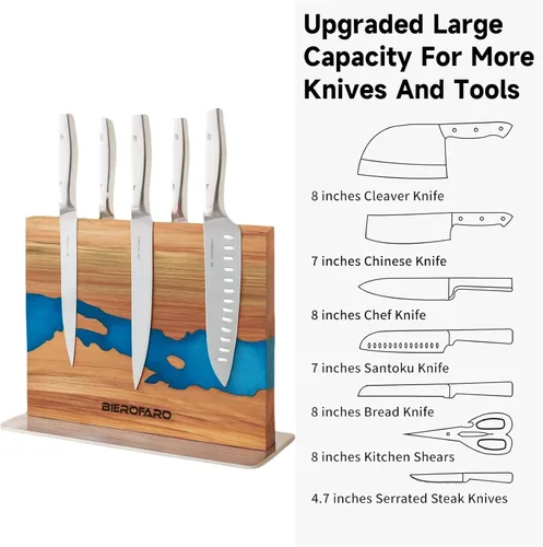 Vista 8 de Bloque magnético para cuchillos con base de acero, soporte para cuchillos de doble cara hecho de madera de acacia para cuchillos de chef, moderno