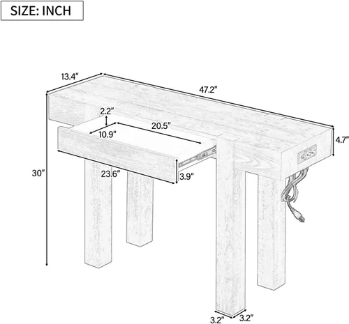 Vista 2 de Mesa de consola de entrada, sofá largo estrecho para pasillo, mesa de vestíbulo detrás del sofá, retro con cajón oculto, toma de corriente lateral