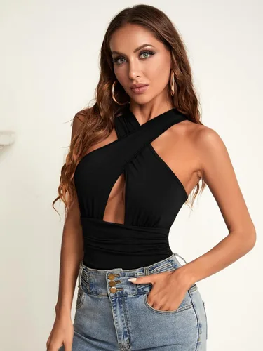 Vista 5 de Milumia Body sexy de cintura alta sin mangas con corte cruzado para mujer
