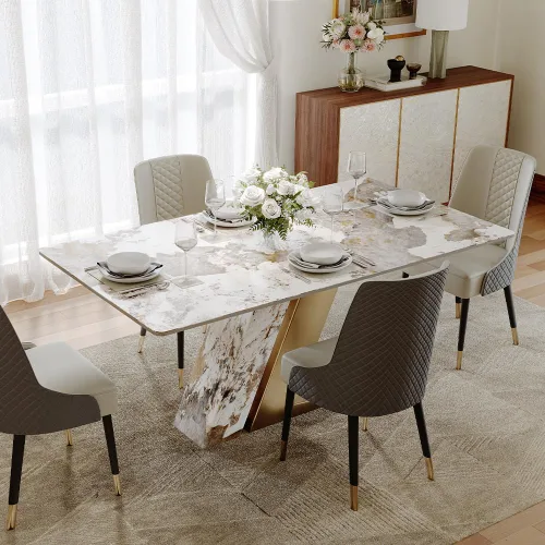 Vista 15 de POVISON Hobart - Mesa de comedor moderna de 71 pulgadas para 6, mesa de comedor negra de piedra sinterizada con pedestal de acero al carbono