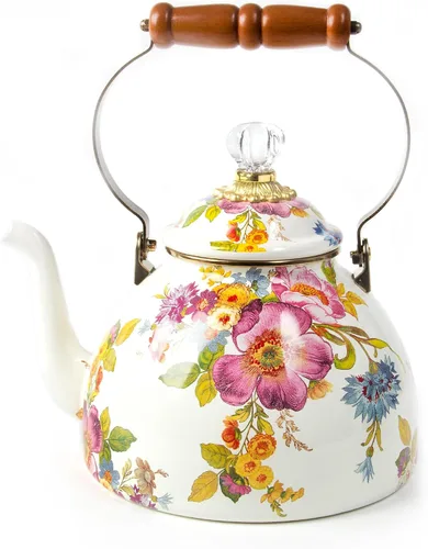 Vista 14 de MACKENZIE-CHILDS Tetera de Esmalte, Tetera Bonita para Estufa, 2 Cuartos, Rosa Silvestre Marrón Diseño aplicado a mano, hecho de acero esmaltado