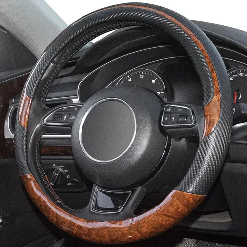 Vista 2 de Funda universal para volante de auto de grano de madera, negra, de cuero de microfibra, adecuada para volantes de 14.5 a 15 pulgadas, cómoda