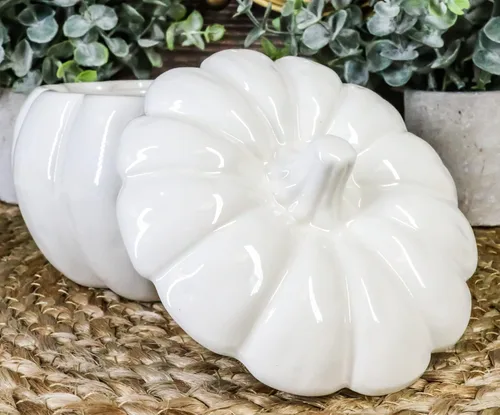 Vista 3 de Ebros Gift Cuenco blanco de cerámica de la calabaza de la cosecha del gres con la tapa 6" diámetro (1)