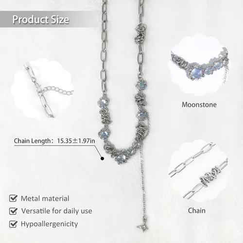 Vista 9 de Y2k - Collar irregular con dije de estrella, piedra de luna, diseño de cadena de moda, joyería de plata picante para mujer