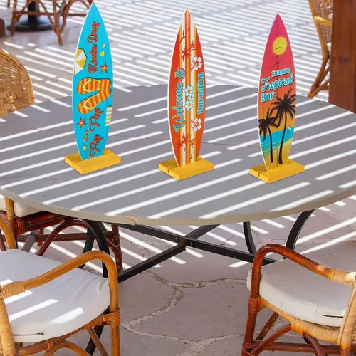 Vista 5 de Blulu 8 piezas de decoración de mesa de tabla de surf, letreros de playa, letrero de bienvenida al paraíso, centros de mesa de bar tropical, letrero
