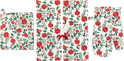 Vista 21 de Paños de Cocina y Agarraderas Navideños - Juego Alegre de Navidad de 4 Piezas 100% Algodón Verde Rojo Blanco - Dos (2) Paños de Cocina, Un (1)