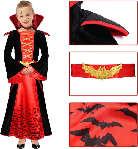 Vista 4 de Disfraz de vampiro para niñas, disfraz de vampiro de Halloween para niñas, disfraz de vampiro