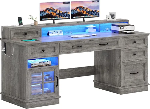Vista 8 de BTHFST Escritorio ejecutivo estilo granja con cajón para archivos, escritorio para computadora con estación de carga y luces LED, escritorio de Gris