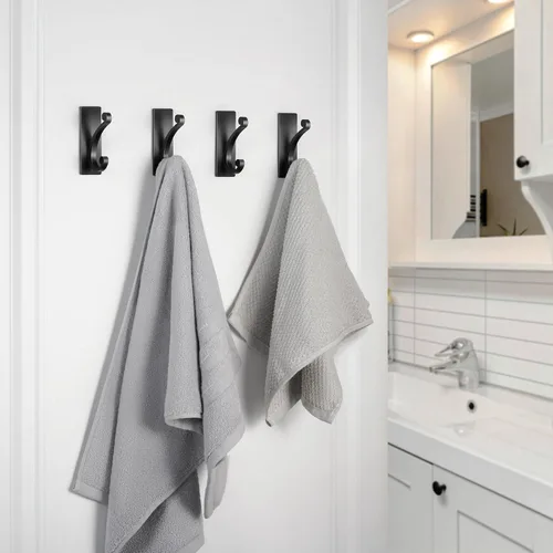 Vista 6 de Paquete de 14 ganchos adhesivos de pared para toalla/abrigo, extra adhesivo de 10 libras, acero inoxidable, para colgar en el baño o la ducha, negro
