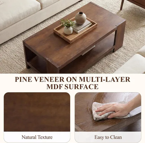 Vista 3 de chairus Mesa auxiliar de 47 pulgadas con almacenamiento de 2 niveles, mesa central rectangular de granja con patas de madera de pino maciza
