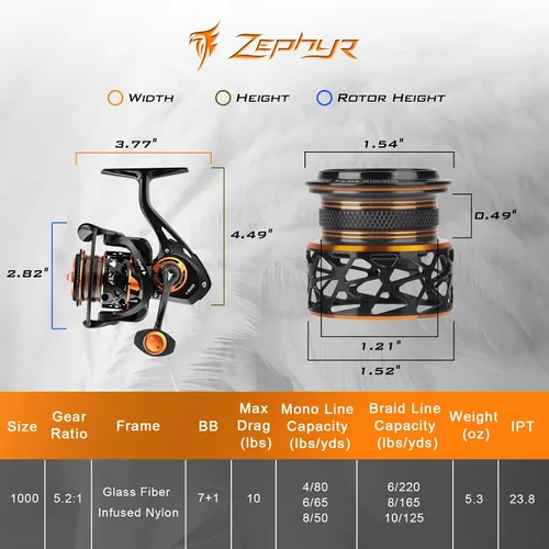 Vista 7 de KastKing Zephyr - Carretes giratorios - 7+1/6+1 BB - Arrastre de fibra de carbono - Eje de acero inoxidable - Bobina de aluminio y CNC