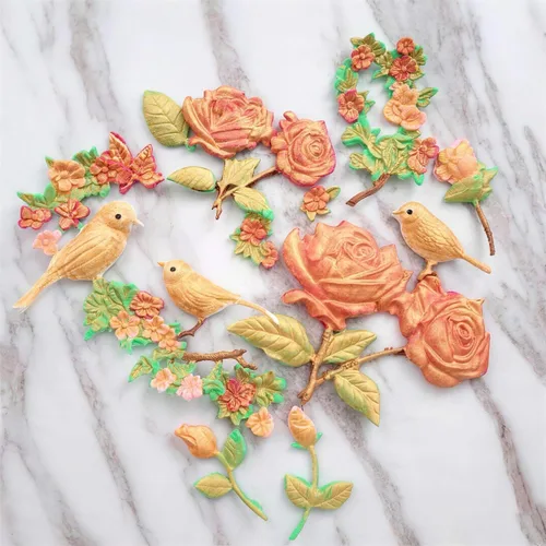 Vista 5 de Paquete de 3 moldes de silicona para fondant de mariposa, rosas, tallos de flores, pájaros, flores, para hacer fondant de chocolate, gelatina