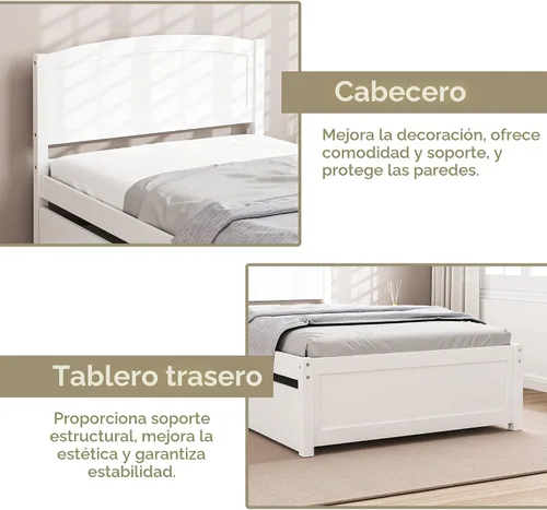 Vista 7 de Cama nido individual, marco de cama extraíble de madera maciza, cama de día extensible con cabecera y soporte de listones de madera sólida Blanco
