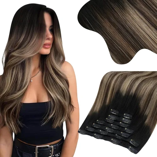 Vista 33 de Moresoo Extensiones de cabello humano con clip, balayage, color marrón oscuro a marrón dorado con clip, extensiones de cabello humano con clip, 5