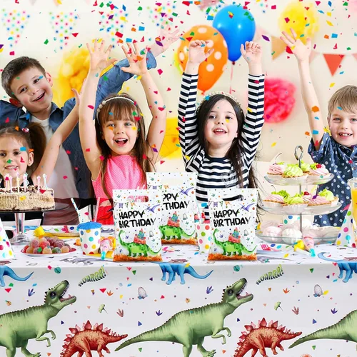 Vista 5 de Colarr 50 bolsas de plástico para recuerdos de fiesta de dinosaurios, bolsas de regalo de dinosaurio, bolsas de cumpleaños de dinosaurios con asa