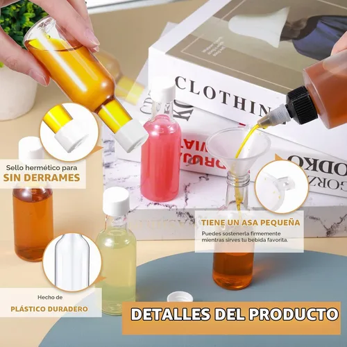 Vista 3 de Patelai Juego de 100 mini botellas de licor, botellas vacías de plástico de 1.7 onzas líquidas para fiestas, recipientes de alcohol con tapas, 6