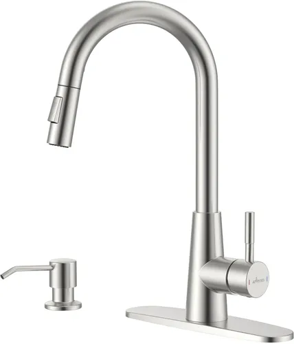 Vista 12 de APPASO Grifo de cocina dorado con dispensador de jabón, grifos de fregadero de acero inoxidable S304 de una sola manija con rociador desplegable